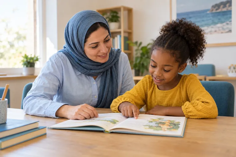 A tutor and student reading a storybook together.