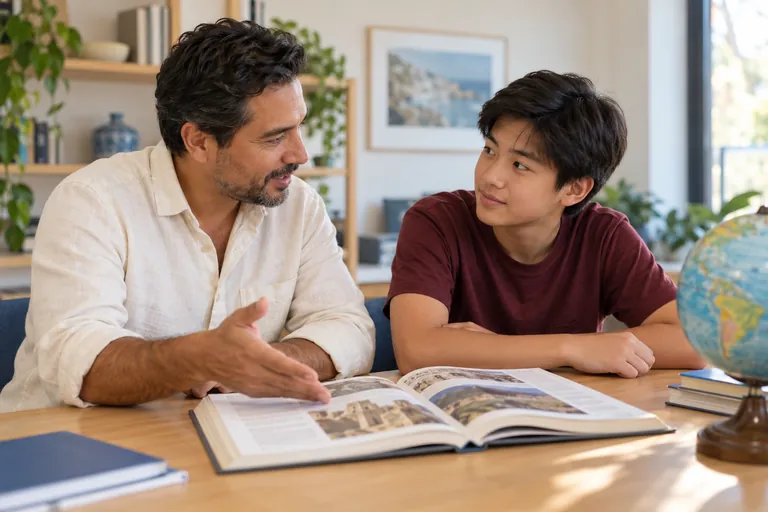 A tutor and student discussing a history book beside a globe.