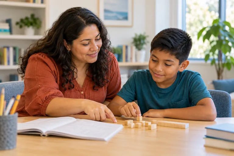 A tutor and student exploring math with counting blocks.
