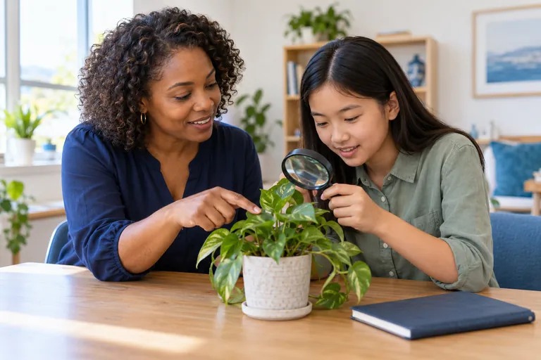A tutor and student examining a plant with a magnifying glass.