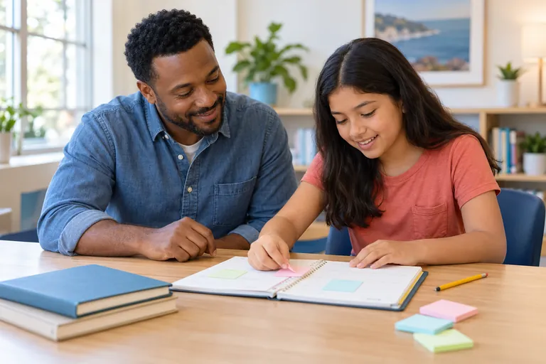 A tutor and student organizing schoolwork with a planner.