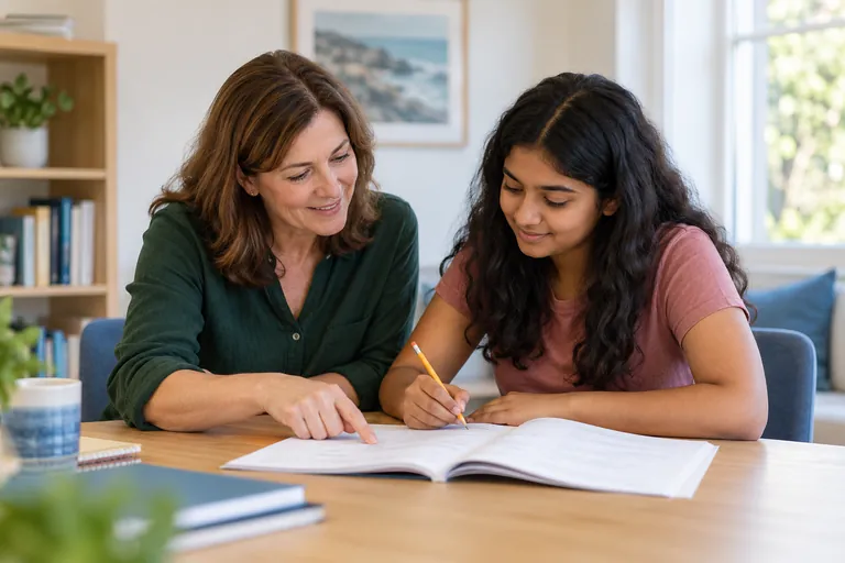 A tutor and student reviewing practice work together.